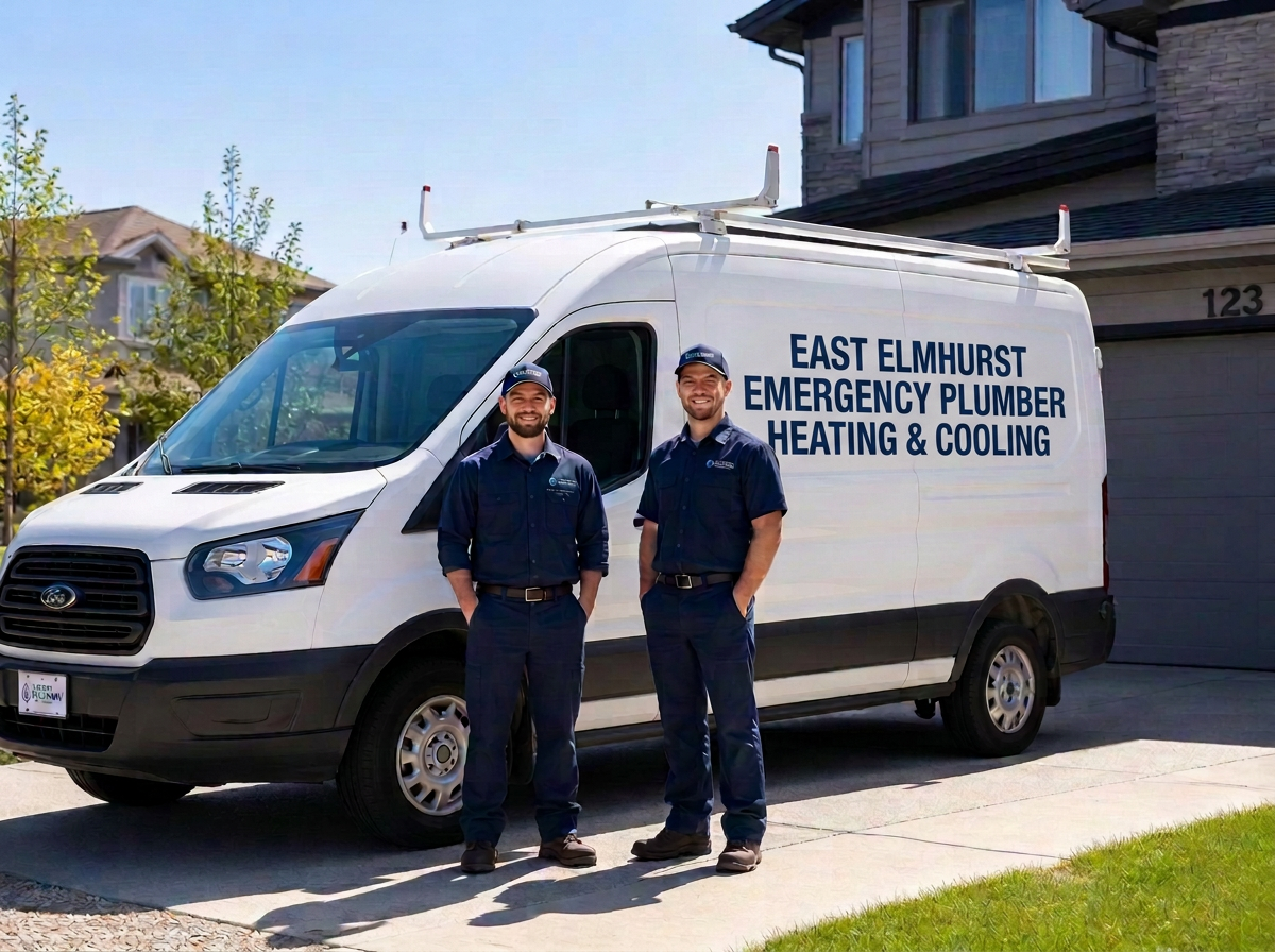 East Elmhurst Emergency Plumber Heating & Cooling service van and technicians at a local home